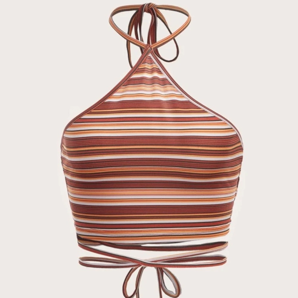 SHEIN Block Striped Tie Backless Halter Top